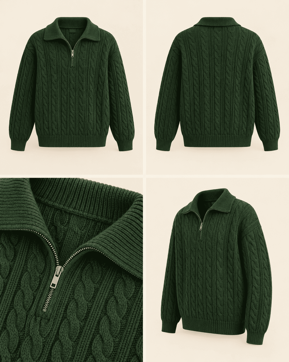 Cable-Knit Half-Zip Green
